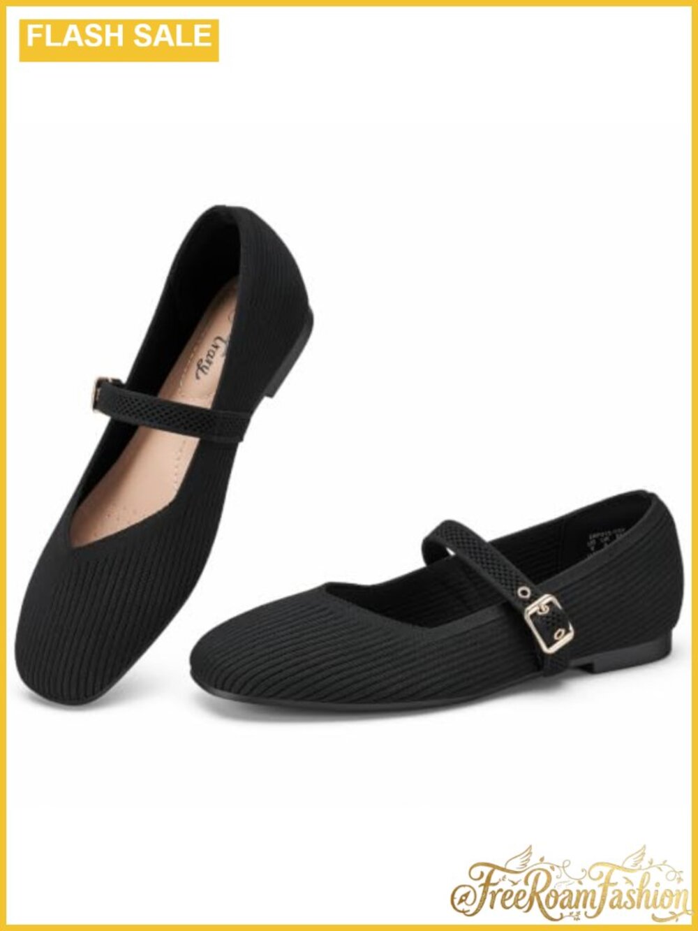 Mary Jane Flats Square Toe Knit Adjustable Strap